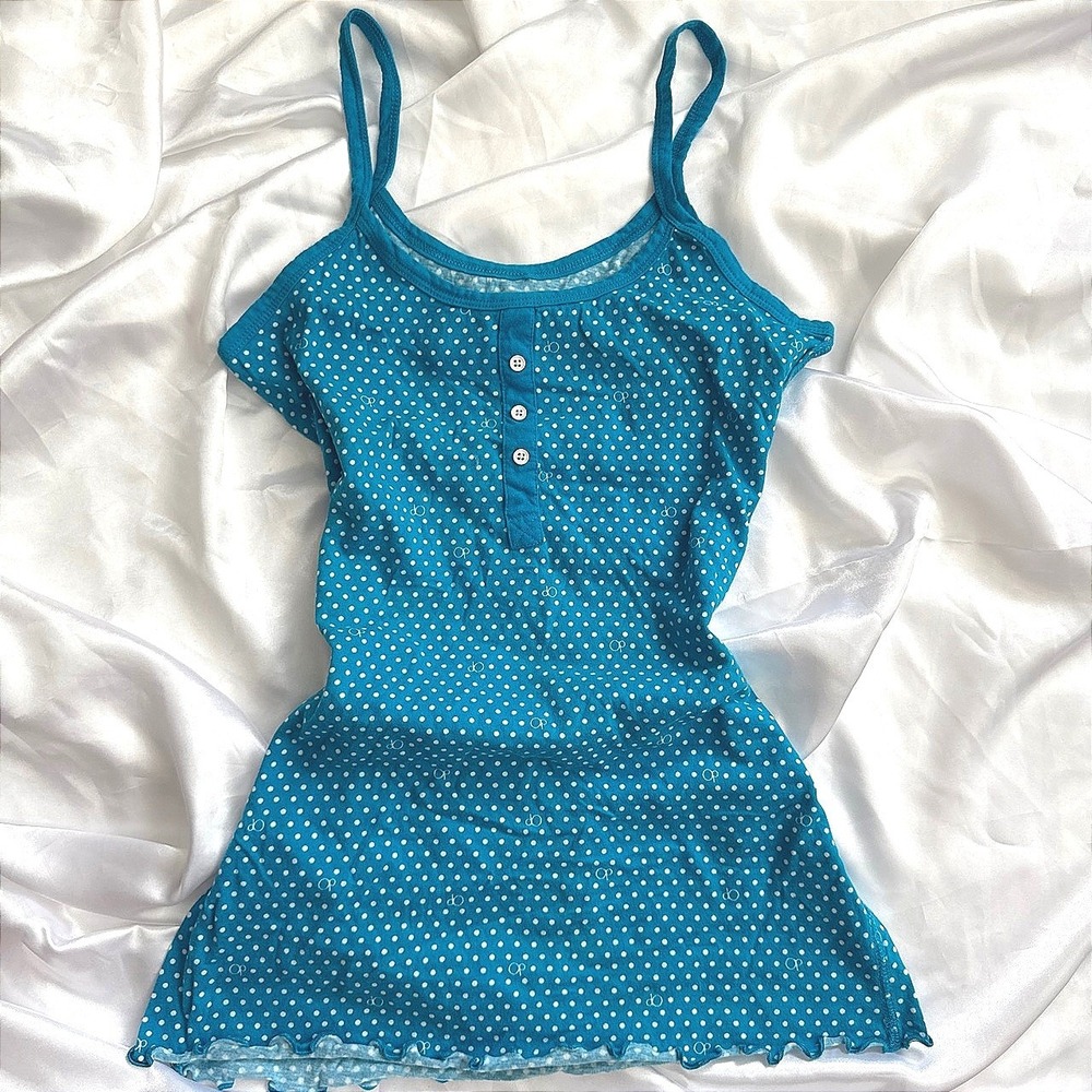Ocean Pacific OP Blue Polka Dot Henley Cami Tank Top Lettuce Edge Womens L 11-13
